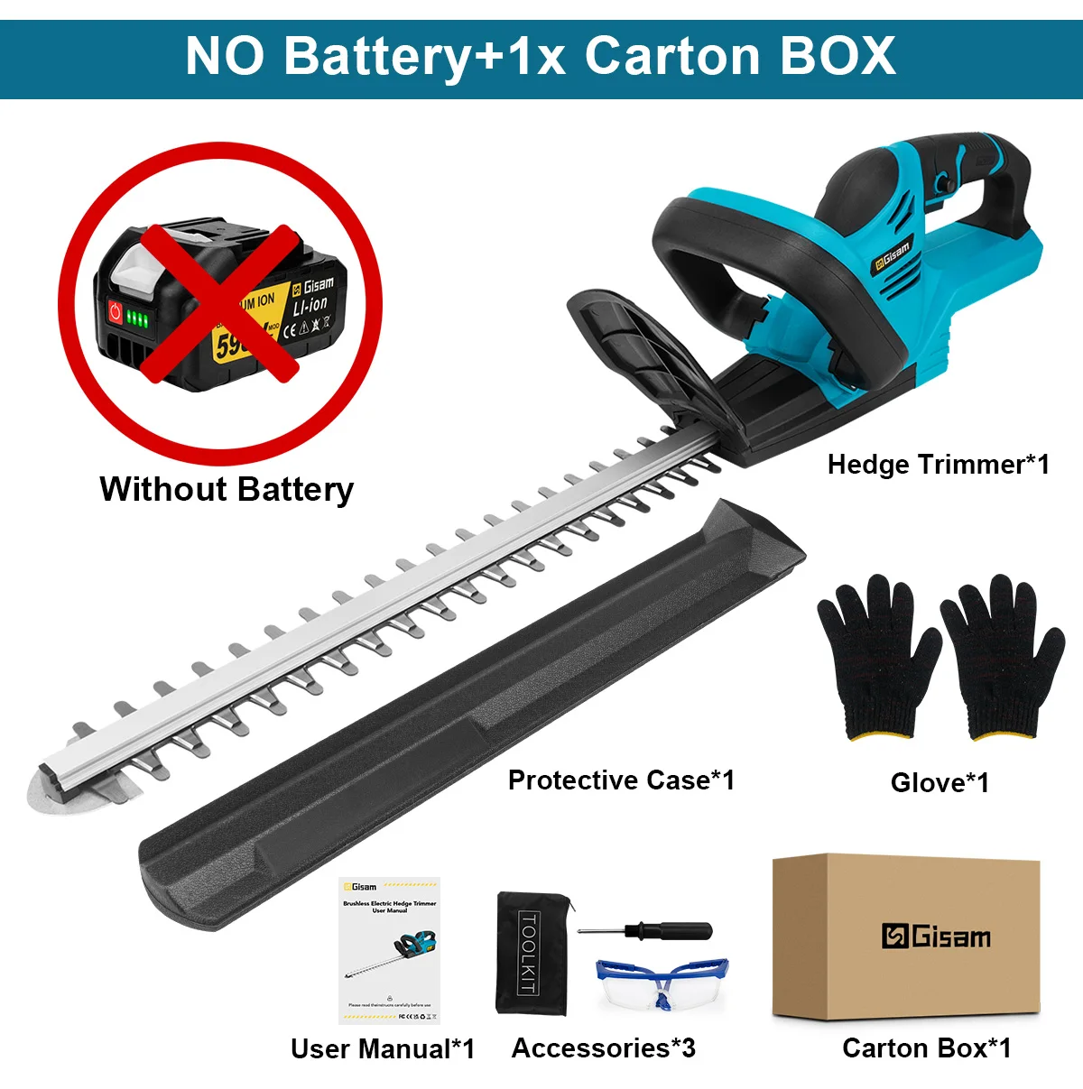 Gisam 2000W Brushless Electric Hedge Trimmer Cordl...