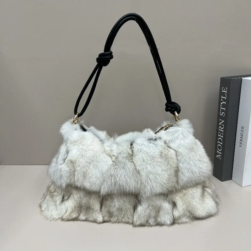 Red Fox Fur Handbag Women Single Shoulder Crossbody Bags Lady Clutch Bag Real Fur Tote Bag Winter Ladies Warm Shoulder Bags
