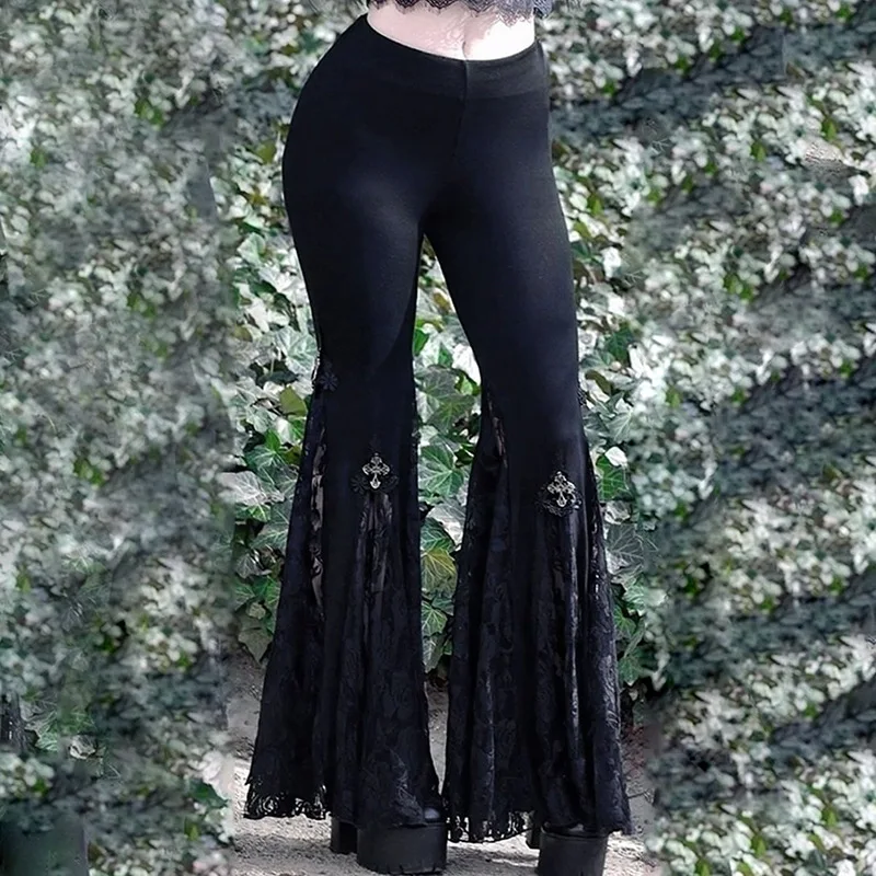 Pantaloni Svasati Donna In Stile Gotico Vintage – Vita Alta, Pizzo, Fondo A Campana, Nero, Ispirazione Punk Grunge Harajuku