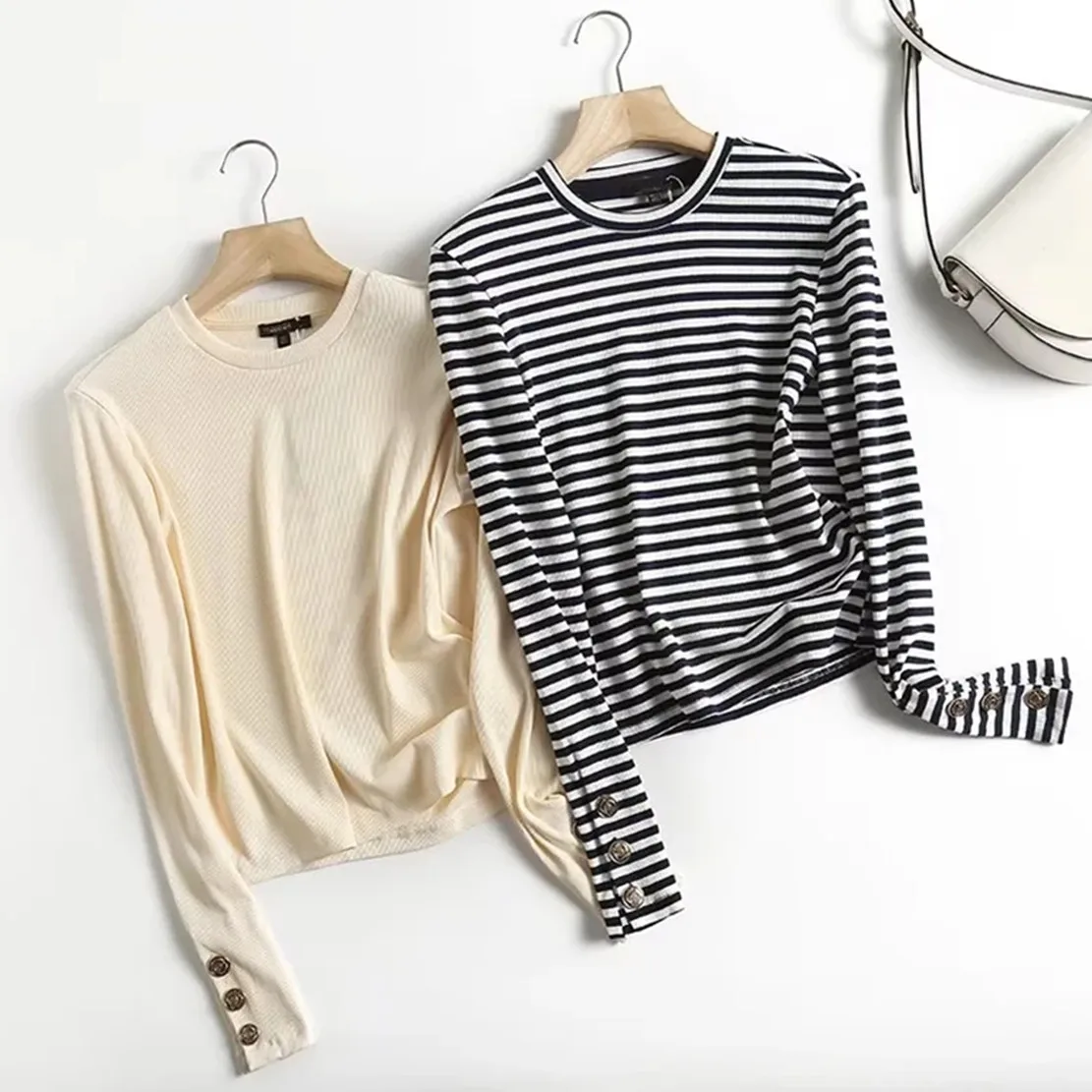 

Maxdutti Casual Knitwear Women Autumn Japanese Style Fashion Simple Striped O-neck Long Sleeve Tshirts Tops