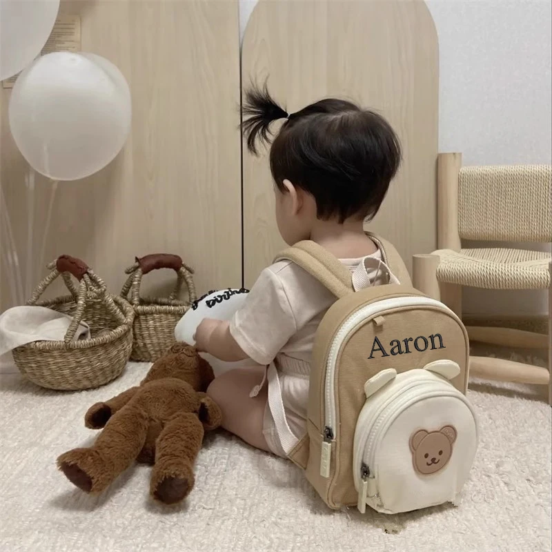 Mochila bordada personalizada para niños pequeños, Animal de dibujos animados, oso, conejito, Kawaii, almacenamiento de aperitivos al aire libre, bolsa de bebé