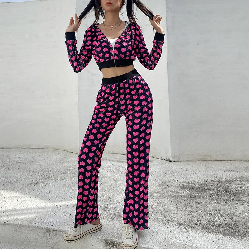 Love Heart Printed Y2k Hooded Sweatshirts Set Women Short Tops Long Pants Two Piece Set Hoodies Loose Casual Sweatshirts Suits