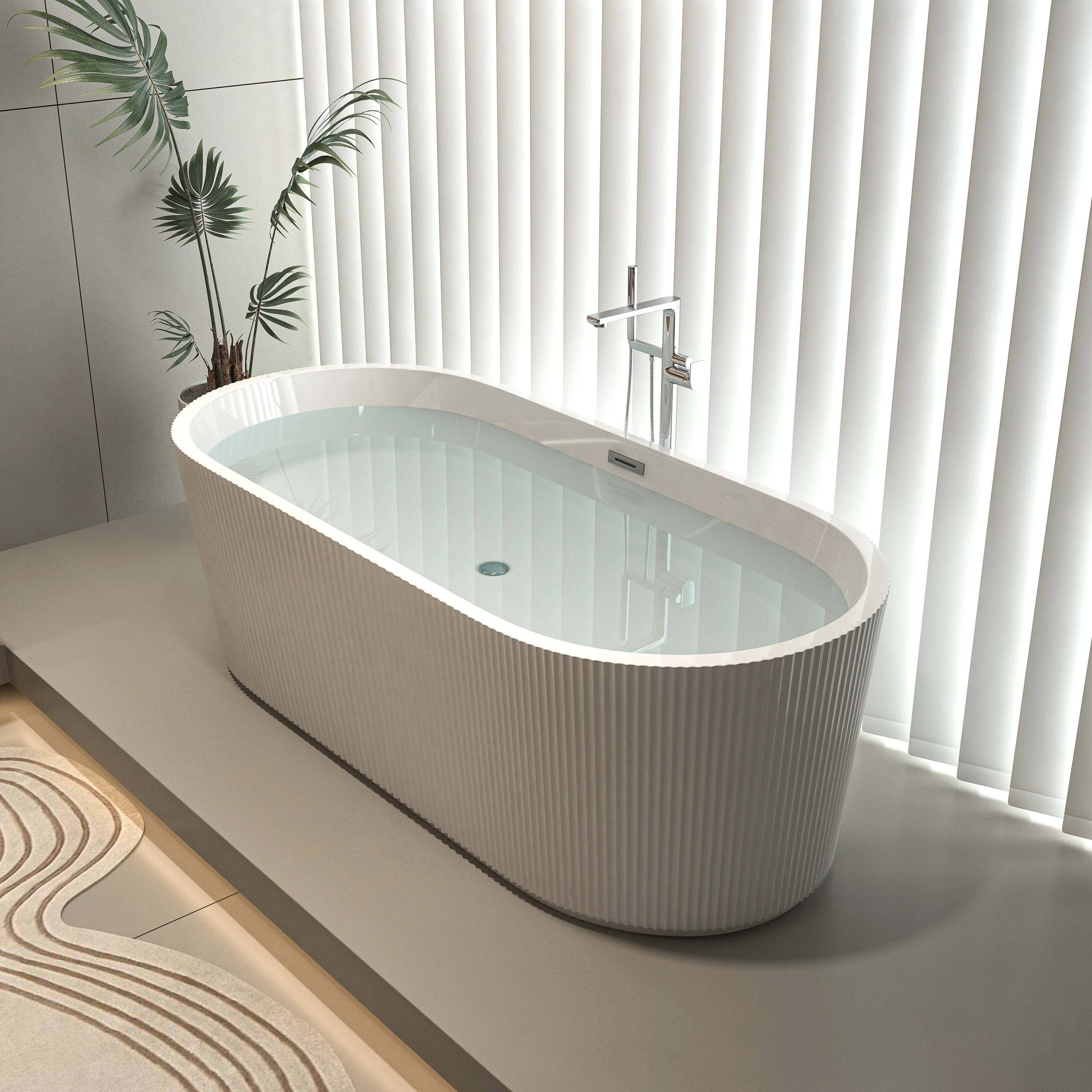 67" Acrylic Freestanding Bathtub-Acrylic Soaking Tubs, Fluted style-Gloss White Freestanding Bathtub With Chrome Overflow and Po