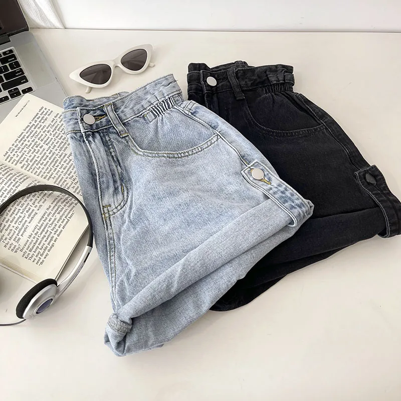Summer retro blue washed loose slim A-line rolled edge denim shorts