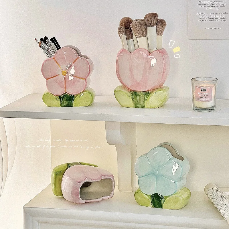 Tulip Flower Flower Makeup Brush Storage Bucket Pen Container Retro Flower Ceramic Tulip Pen Holder Ceramic Cute 3