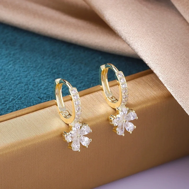 White Zircon Plumeria Pink Crystal Flower Hoop Earrings For Women Vintage Gold Color Ear Buckle Wedding Jewelry Valentines Gift