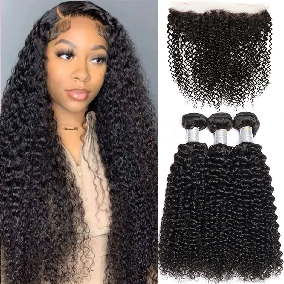 Kinky Curly Human Hair Bundles With Frontal HD Transparent 13x4 Brazilian Jerry Curl Weave Deep Wave Bundles And Closure 12A human hair bundles human hair weave