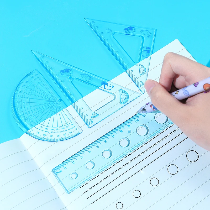 4pcs Transparent Triangle Rulers Set Maths Drawing Metal Ruler Stationery Rulers Mathematical for School