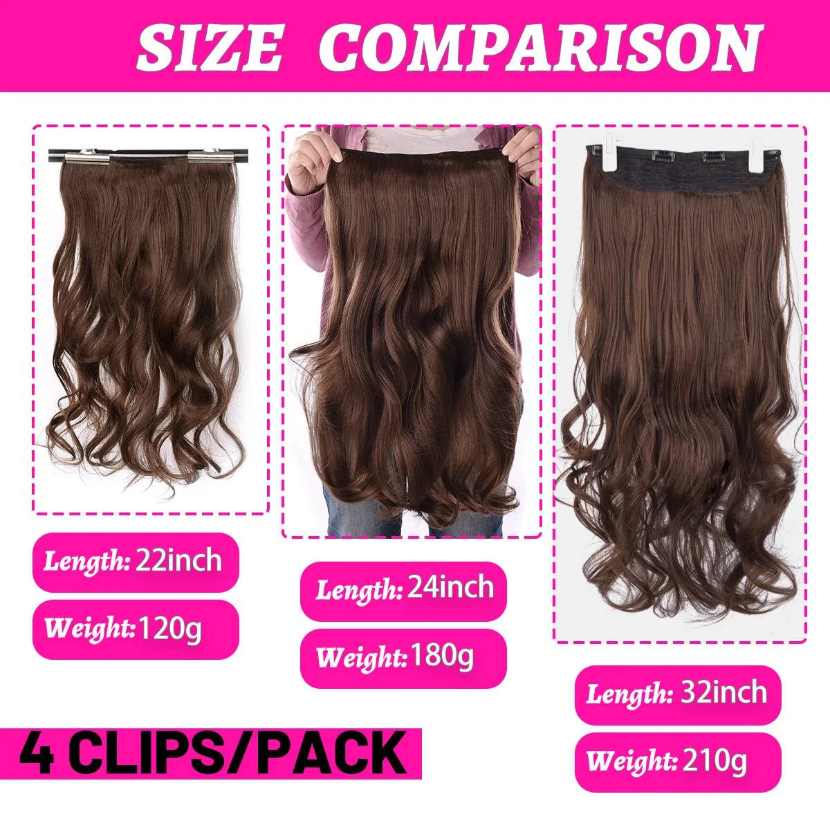 Hair Extensions DinDong Synthetic Clip in Hair Extensions Wavy 24 inch 190G Premium Heat Resistant Hair 613# Blonde Brown 19 Colors Available
