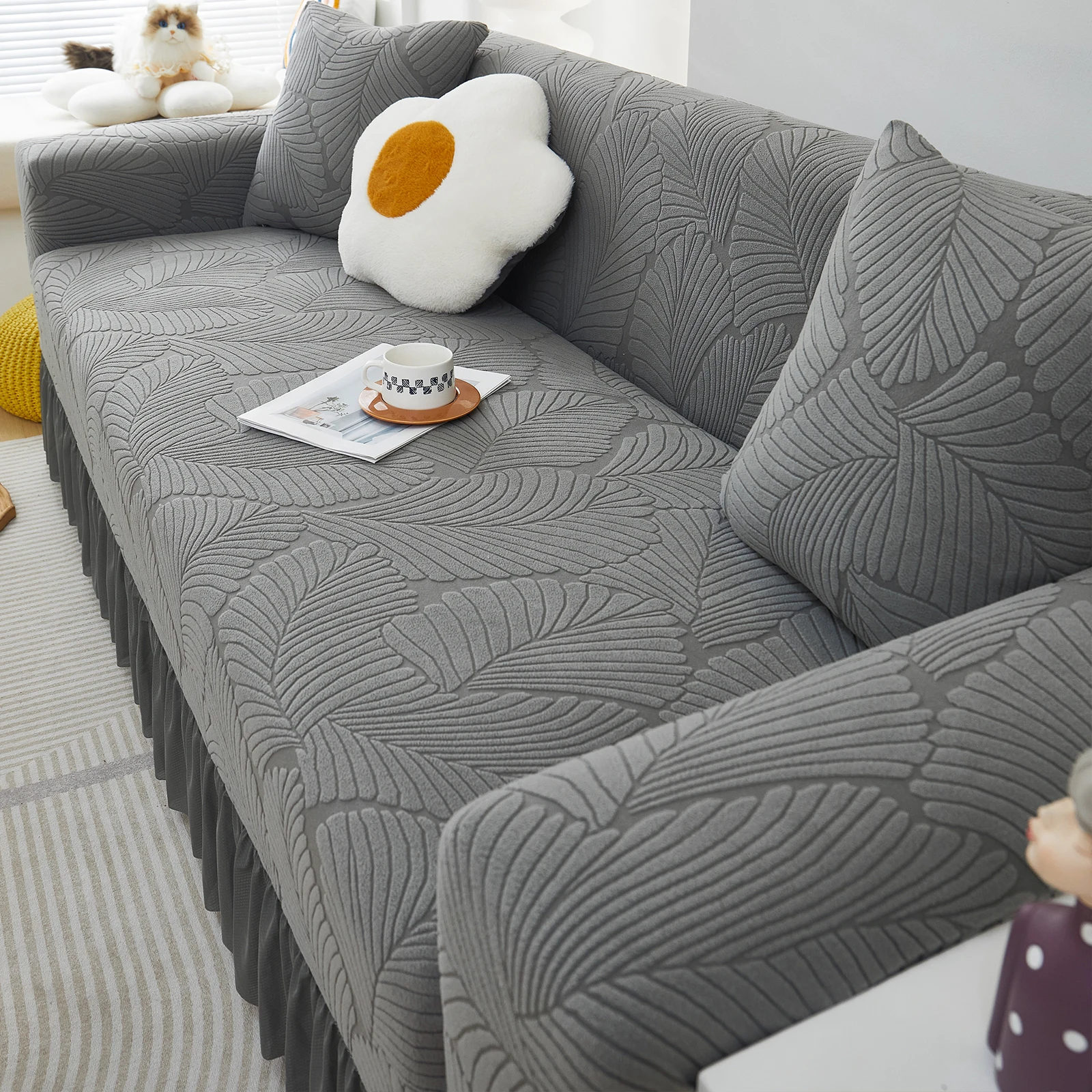 Shaece Leaf Jacquard Pleated Skirt Set Sofa Cover for Living Room Four Seasons Universal Fit Sofa Protector