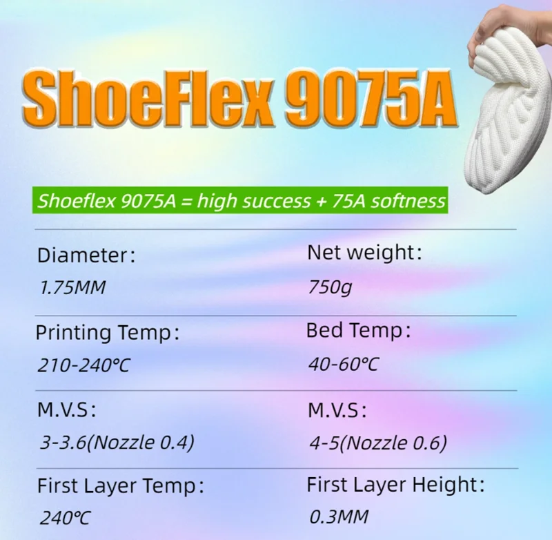 Shoeflex 9075A 필라멘트 신발 프린팅 필라멘트 750g/스풀 1.75MM 3D 프린터용 유연한 소재 TPU 필라멘트