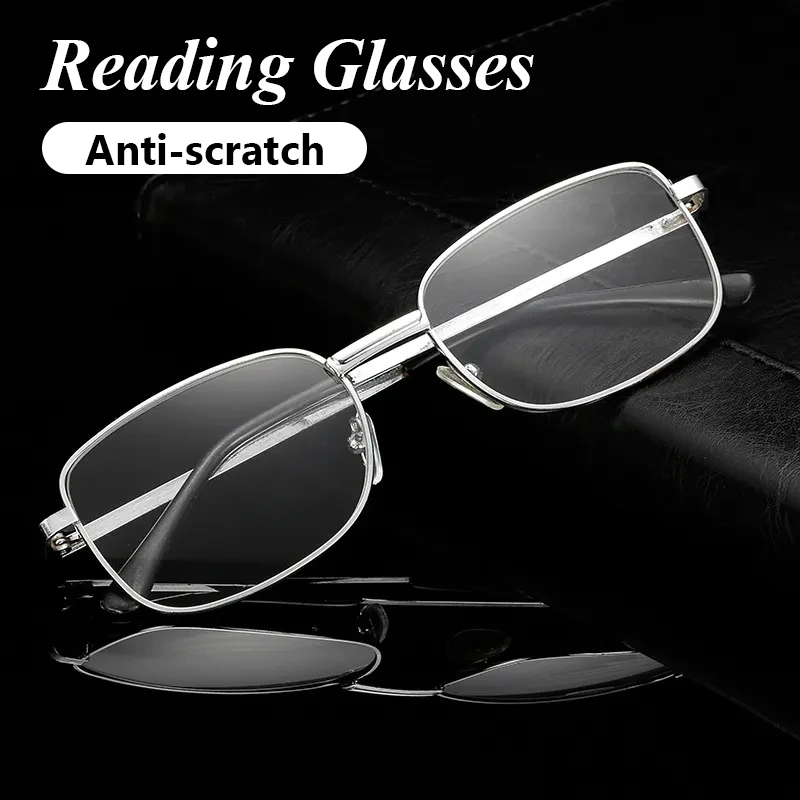 AntiScratchReadingGlassesforMenSquareMetalFrameGlassLenses