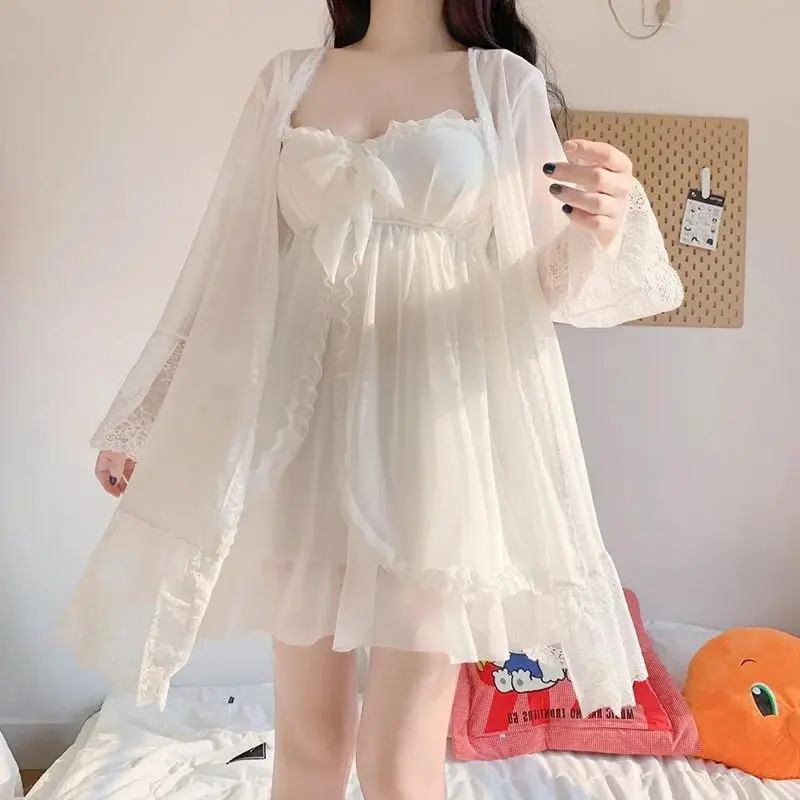 Elegant Sweet Simple Solid White Women Robe Gown Sets Chic Lace Bow Mesh Sleepwear Breathable Slim Nightdress 6