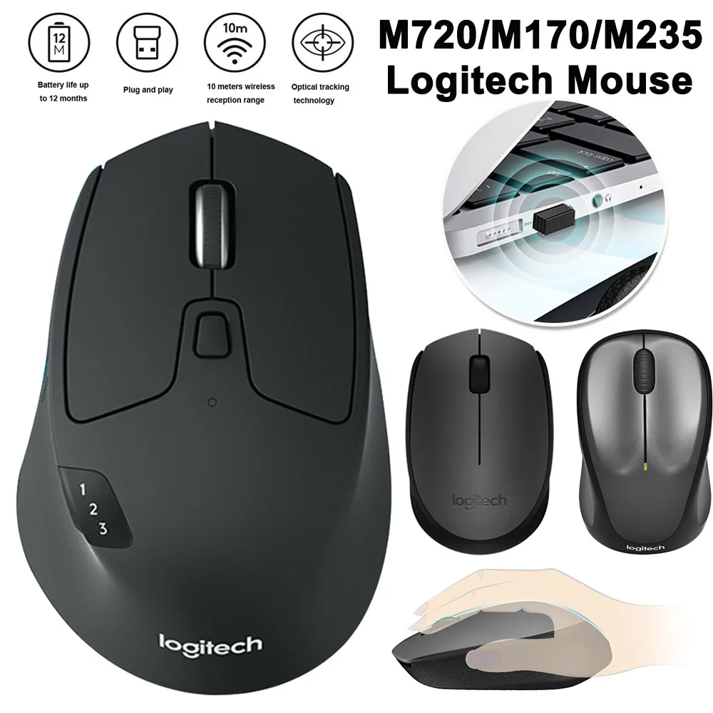 Logitech M720 2.4GHz Wireless Mouse USB 1000DPI Optical Tracking Mice 8