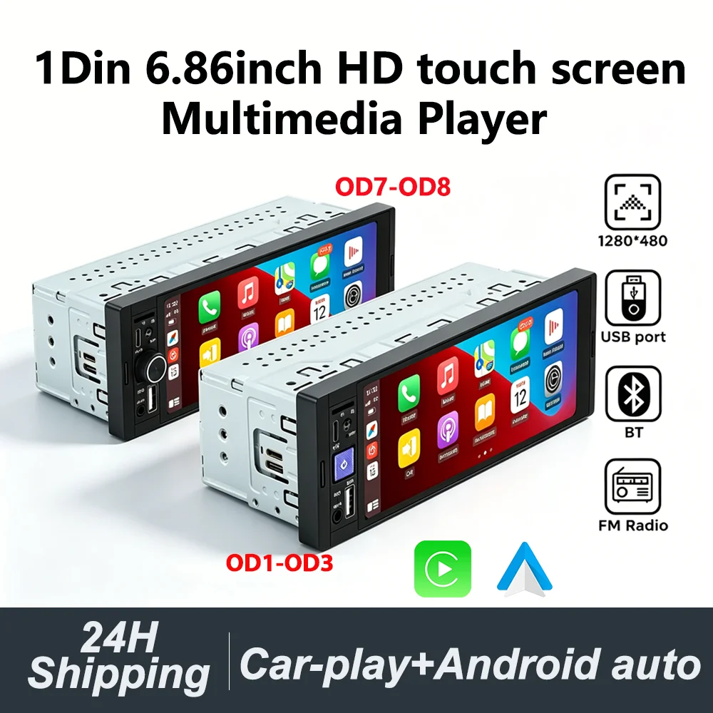 Radio de coche universal con pantalla táctil HD de 6.86'' con CarPlay inalámbrico 1Din y Android AUTO, reproductor multimedia MP5 estéreo FM, puerto BT, TF y cámara. 1