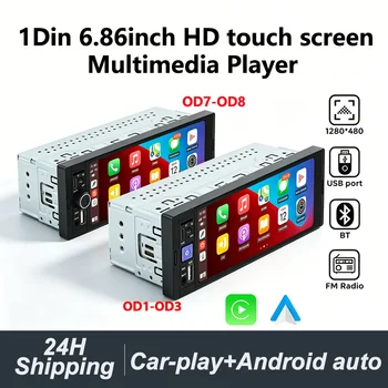 Radio de coche universal con pantalla táctil HD de 6.86'' con CarPlay inalámbrico 1Din y Android AUTO, reproductor multimedia MP5 estéreo FM, puerto BT, TF y cámara. 1