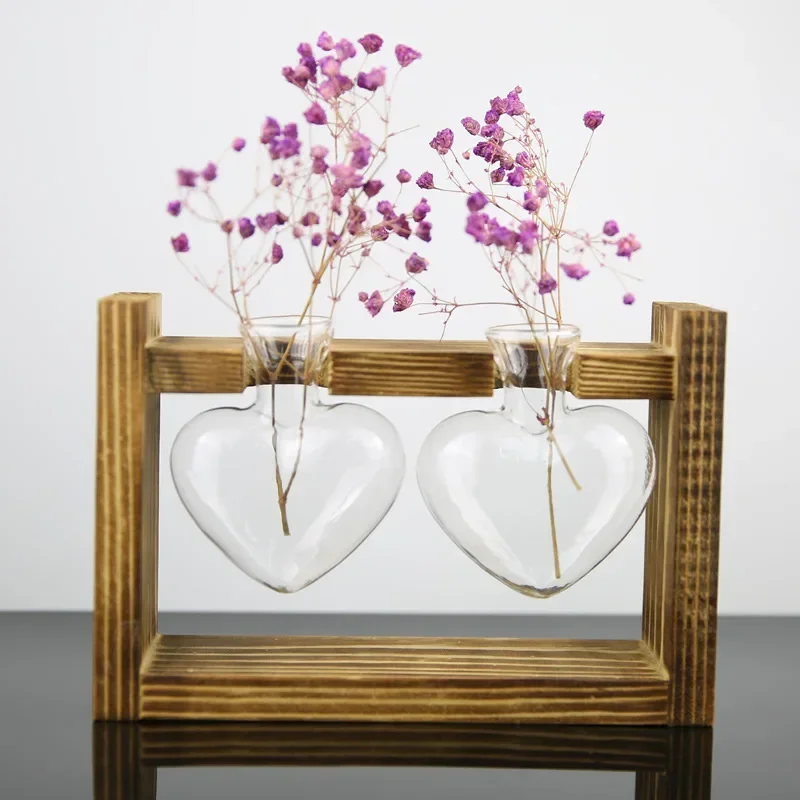 Wooden Frame Glass Vase Hydroponic Plant Vase Vintage Flower Pot Table Desktop Bonsai  Heart Shape Home Decoration Wedding Vase 6