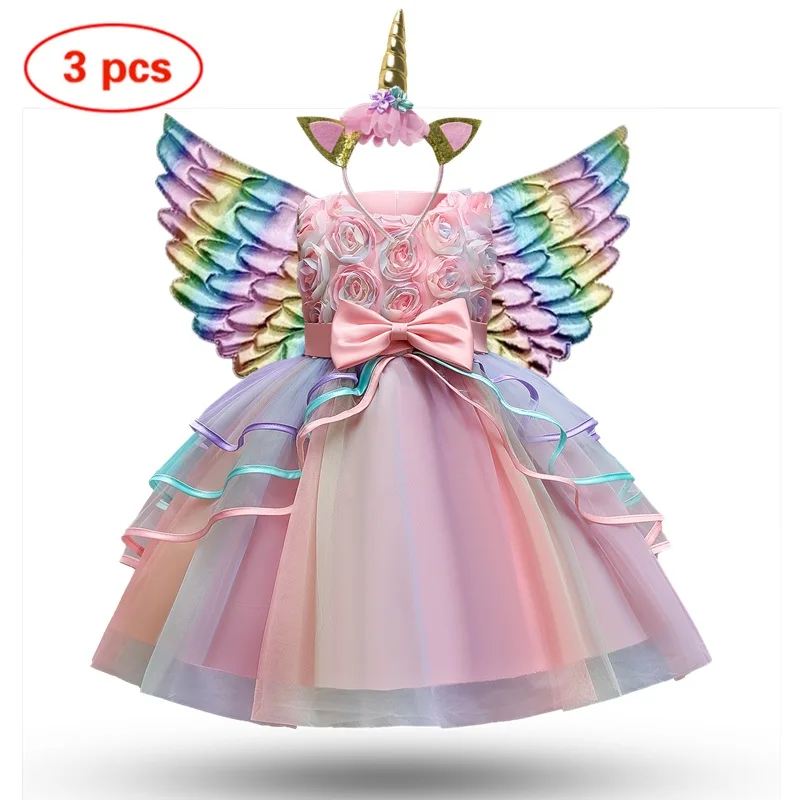 Girls Kids Unicorn Cosplay Dress For Children Rainbow Sleeveless Wedding and Birthday Party Princess Costume Evening Formal Gown girls dress princess costume kids clothes