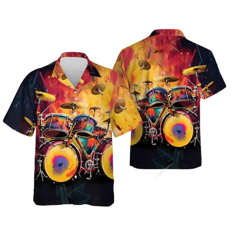 Hawaiian Shirts For Men Drum Graphic Summer Casual Short Sleeve Y2k Tops Oversized Streetwear Vintage Beach Blouse Clothing Male