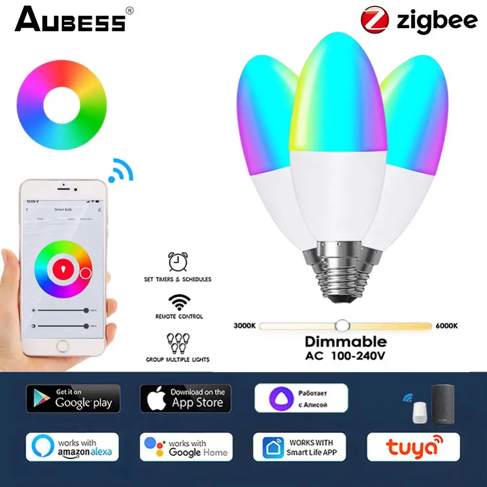 

Умный светильник Tuya Zigbee E14, европейская лампа с регулируемой яркостью, с голосовым управлением, с Alexa Google Home Яндекс Алисы