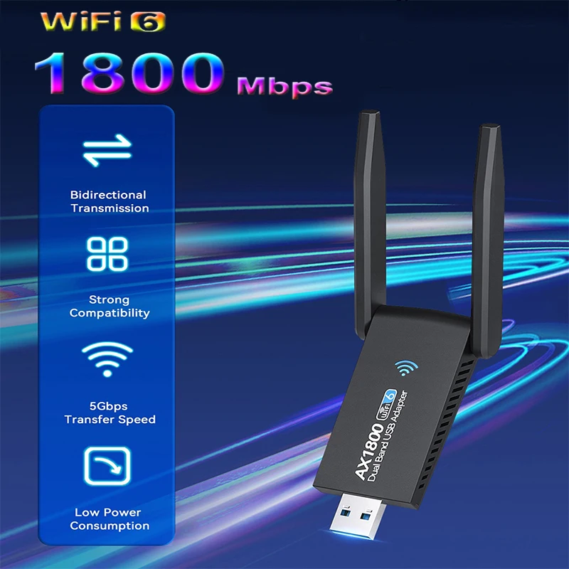 

1800M USB WIFI 6 Adapter Dual Antenna 1800M Network Card AX1800 Dual Band 2.4G 5G WiFi Adapter for PC Laptop Tablet Controller