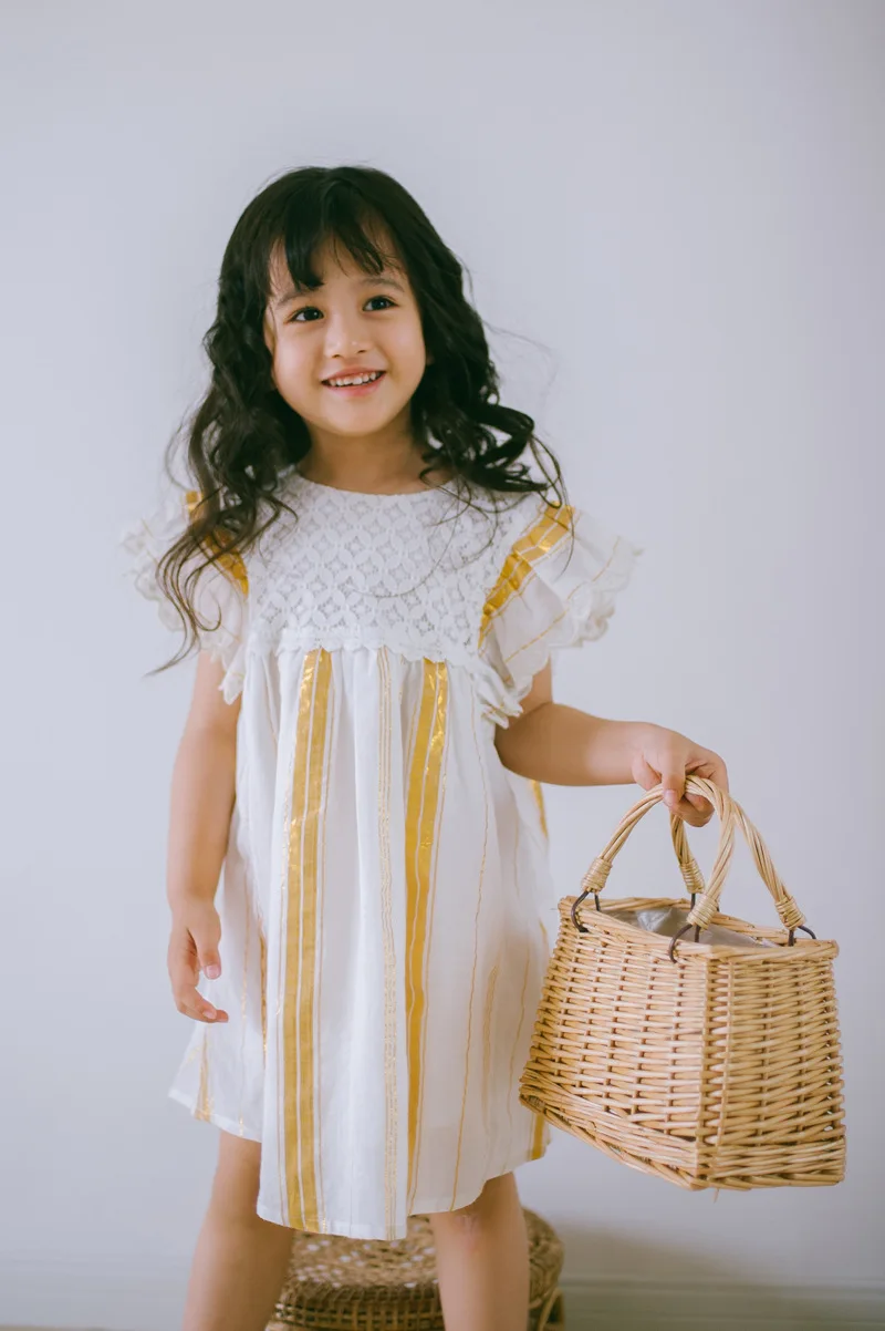 Летняя Новинка 2022 детская одежда для девочек Золотое шелковое платье принцессы