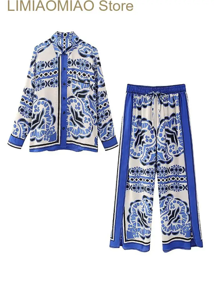 Casual Print Shirts Pants Set Women Loose Long Sleeve Top Wide Leg Pants Female Suit Summer Fashion Streetwear Lady Sets