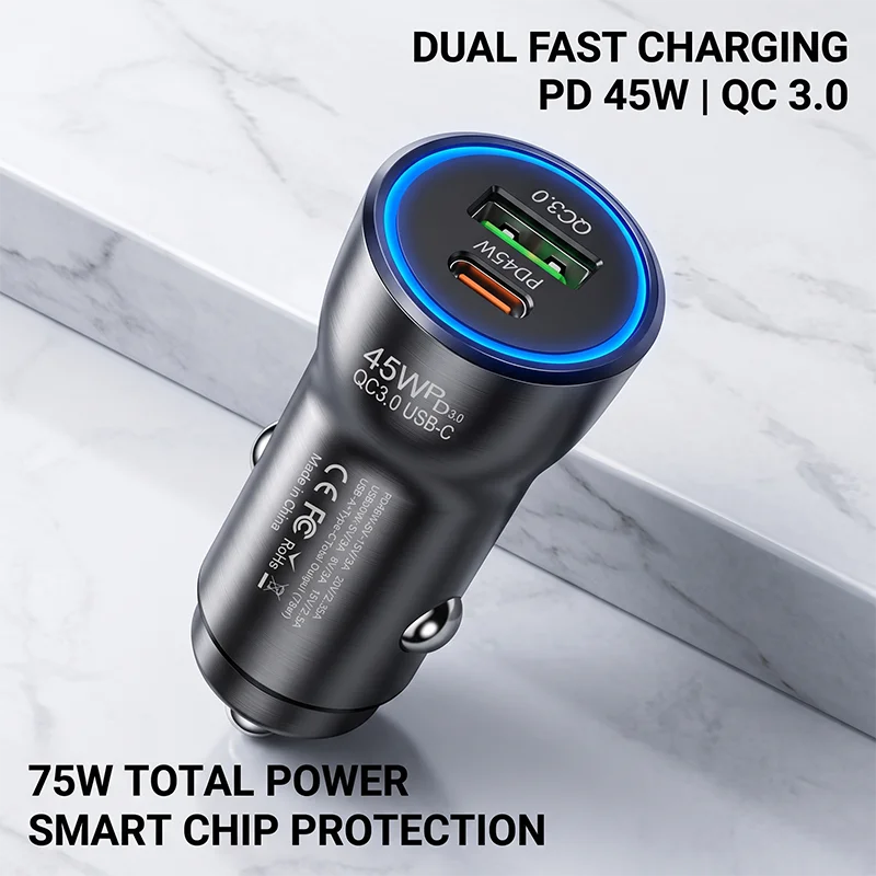 Dual Port 45W Fast Charging Car Adapter with Blue LED