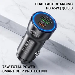 Dual Port 45W Fast Charging Car Adapter with Blue LED