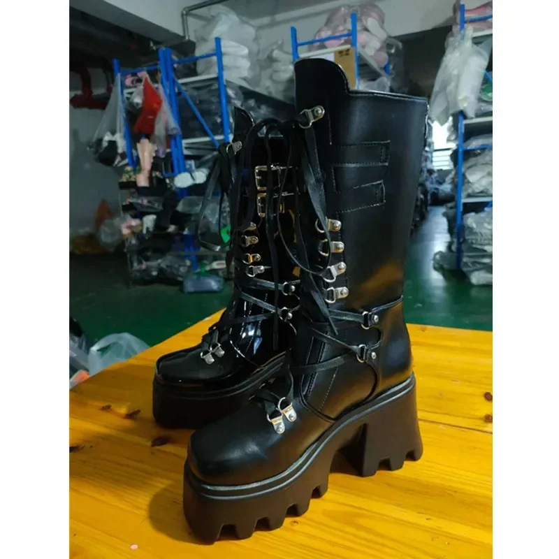 Sexy Patent Pu Leather Women Ankle Boots Platform Square High Heel Motorcycle Boots Squar Toe Zipper Autumn Winter Woman's Boots