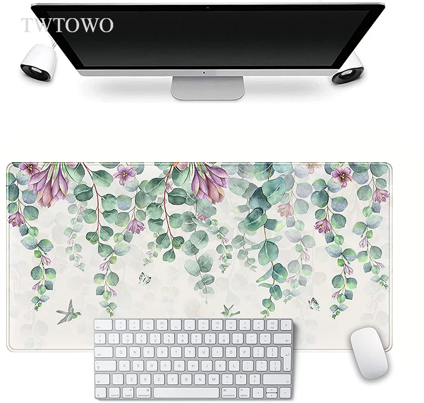 Soft Borracha Natural pc Desktop Mouse Pad Flores Roxas Folhas Verdes Home Gamer hd Grande Mousepad Xxl xl - Imagem 2