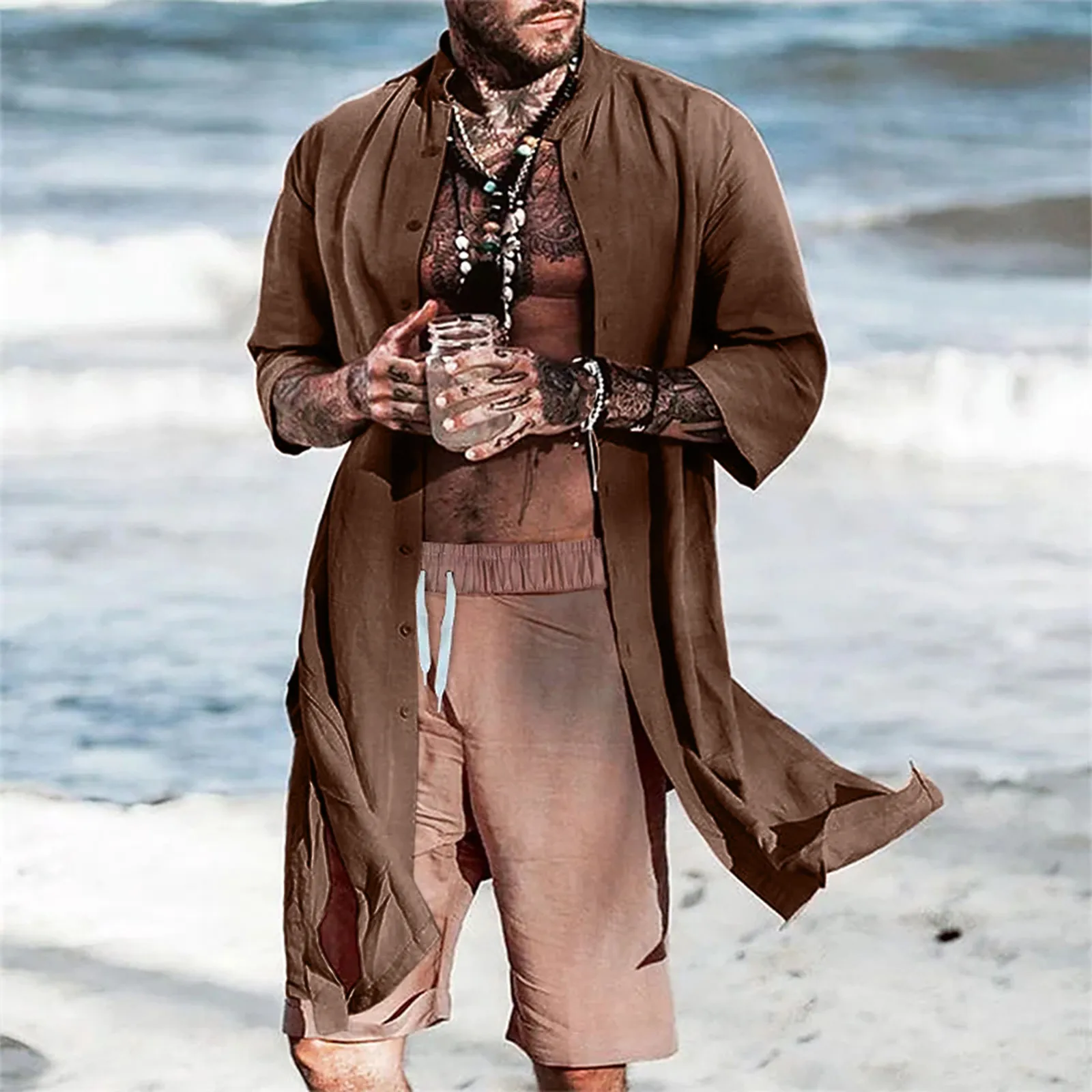 

Fashion Men Shirt Open Stitch Long Sleeve Stand Collar Streetwear Long Style Cardigan Cotton Linen Solid Cloak Casual Outerwear