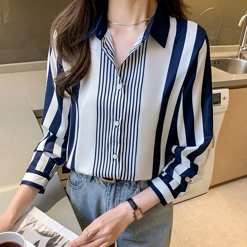 Autumn Spring Women's Shirt Black White Cartoon Cat Print Shirt Fashion Slim Fit Long Sleeve Chiffon Shirt Women's Tops