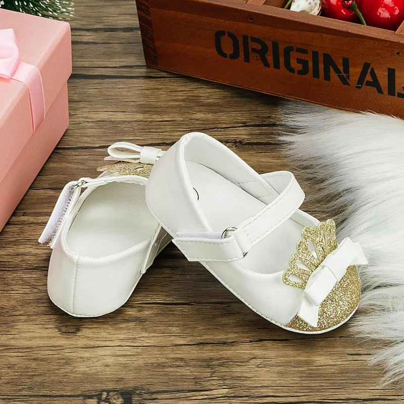 Baby Girl Princess Shoes Sweet Bow Sequin Crown Shallow Leather Shoes High Quality Soft Sole Non-Slip First Walkers Wedding Shoe