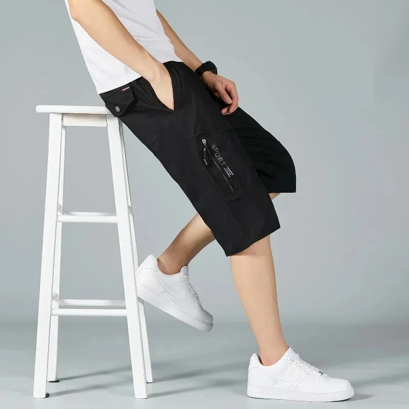 Men's Solid Letters Summer Printed Zipper Pockets Elastic High Waisted Casual Loose Sports Trousers Vintage Office Lady Shorts