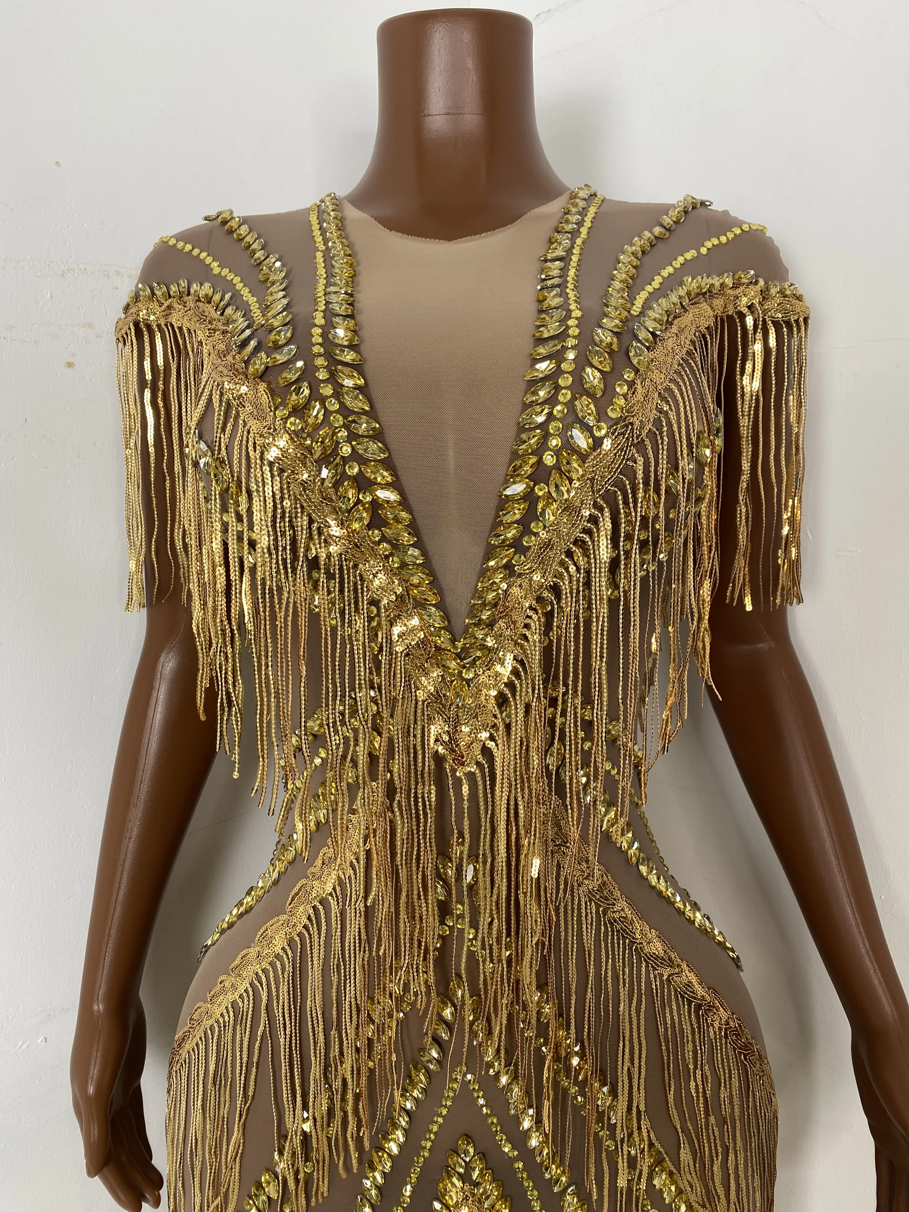Women Sexy Tassel Diamonds Gold Silver Mid-Calf Long Dress Party Costume  Bar Nightclub Stage Performance Clothing - AliExpress 200000345