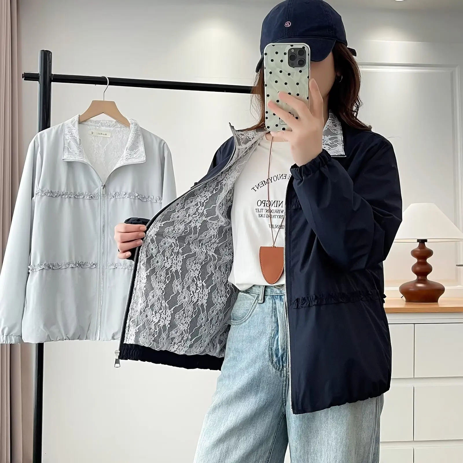 Plus Size Women's Jacket Autumn New Stylish Lace Lining Casual Zipper Coat 998