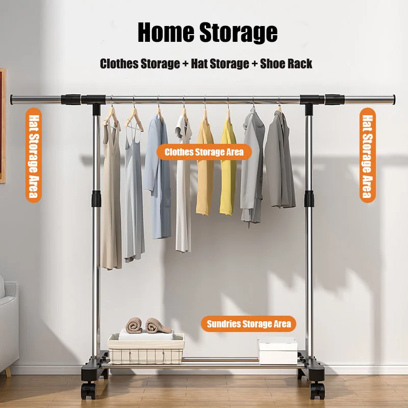Tainless Steel Floor Drying Rack Double Pole Lifting Clothes Hanger Telescopic Mobile Hanging Clothes Rack Bedroom Coat clothes rack