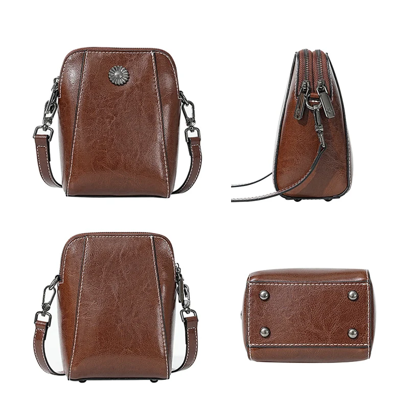 2024 New Women Mini Bag Lady Mobile-phone Cross-body Shoulder Bag Retro Oil Wax cowhide Split Leather Lightweight Messenger