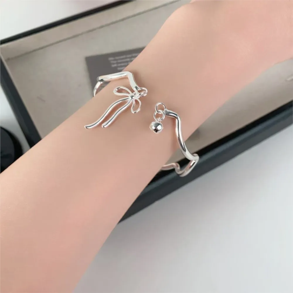 Silver Color Bell Bowknot Cuff Bangle for Women Niche Simple Fashion Blacelet Party Jewelry Gifts pulseras mujer