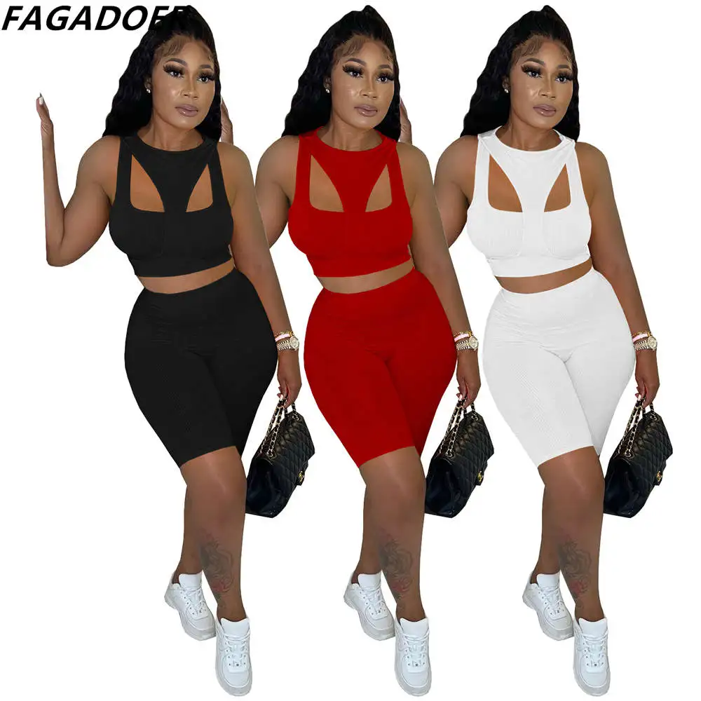 FAGADOER Casual Solid Color Ribber Two Piece Sets Women Sleeveless Crop Top And Biker Shorts Tracksuits Female Sport 2pcs Outfit