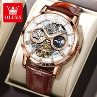 OLEVS 6670 Mechanical Fashion Watch Genuine Leather Watchband Round-dial Moon Phase Month Display 1