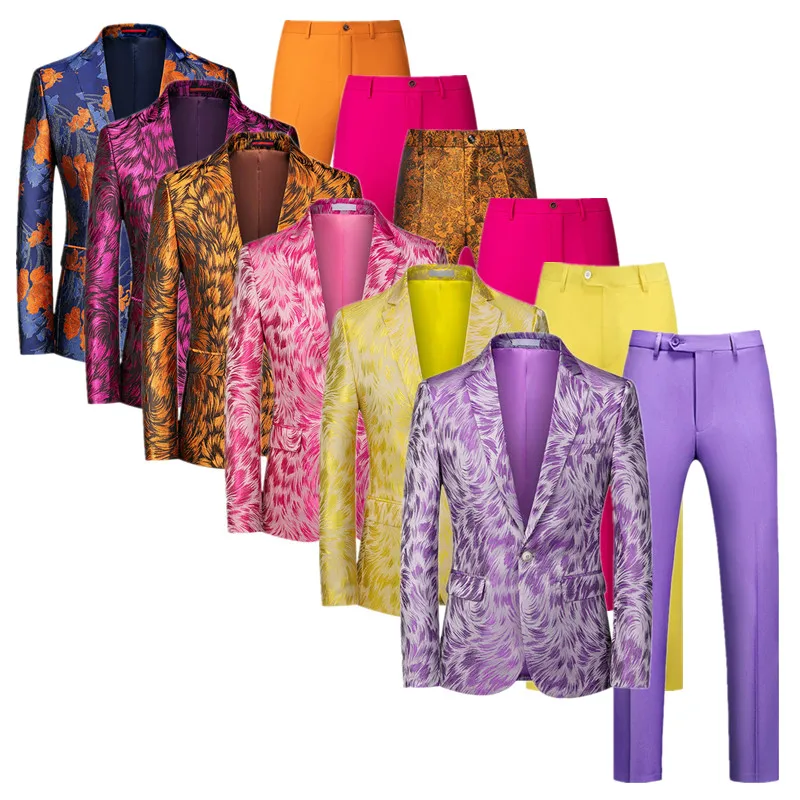 Men Business Social Dance Party Suit Two piece New Singer Host Stage Slim Fit Jacquard Dress Set High End