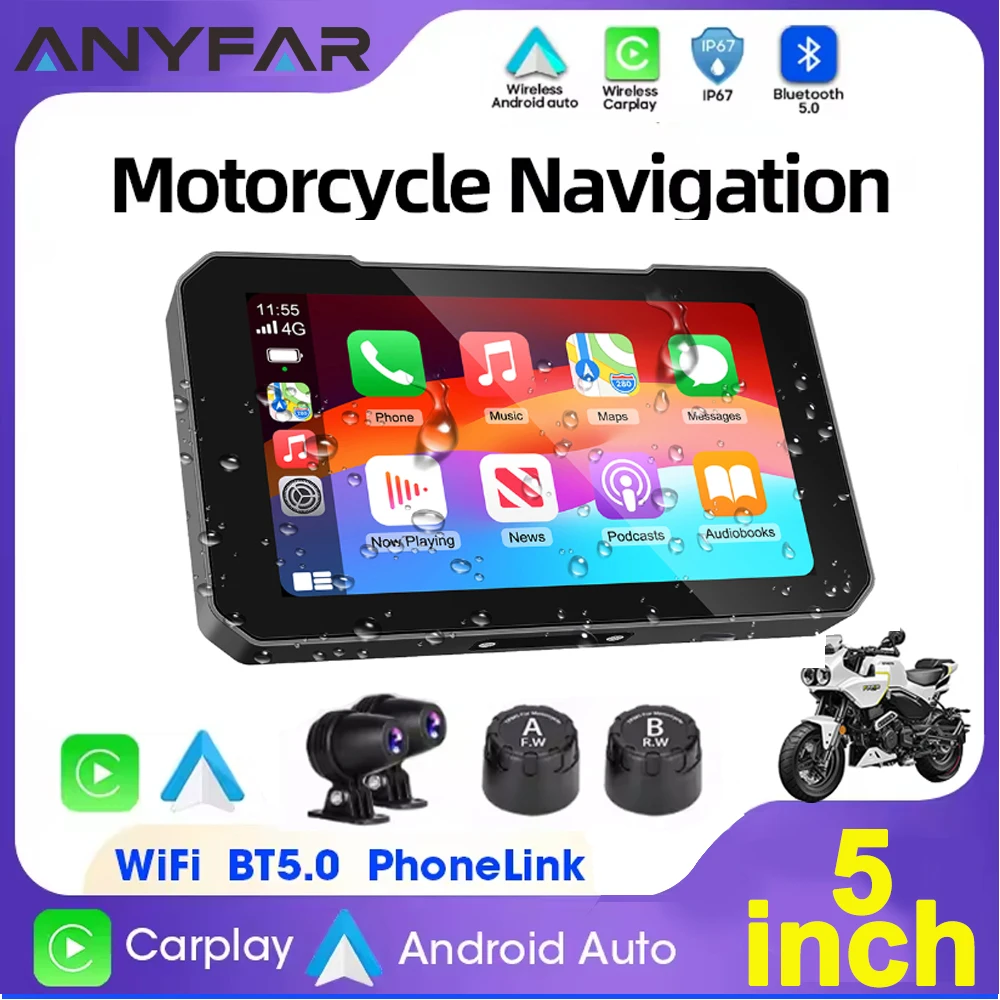 5 Inch Touch Screen Motorcycle CarPlay Screen Support Dual Camera Record With Wireless CarPlay Android Auto IP67 Waterproof