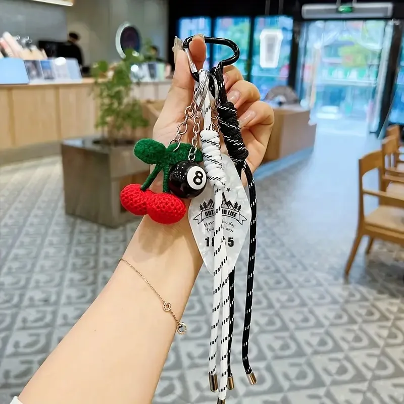Fashion Beads Braid Rope Keychain Billiards Delicate Car Keyring Baseball Polyester Bag Cherry Pendant Lady