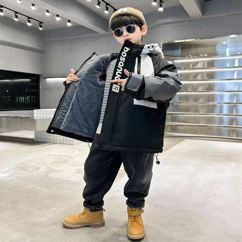 Plus Velvet Thicken Overcoat Boys Fleece Jackets new Kids Windproof Hooded Cotton Clothing Winter Warm Teens Trench Coat