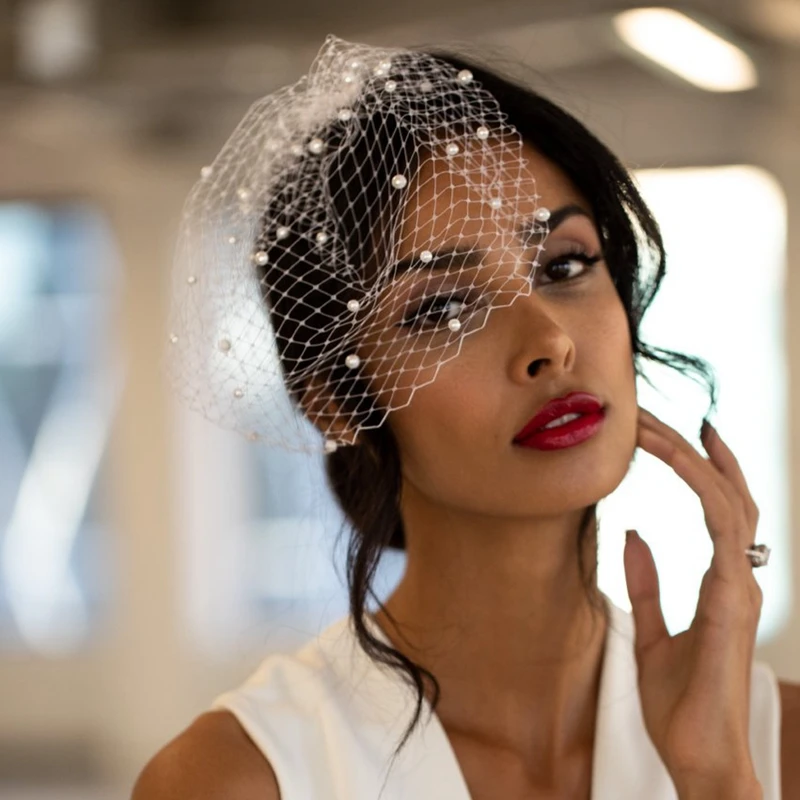 Bridal Veil Elegant Pearls Bridal Headband with Wedding Birdcage for Brides Face Net