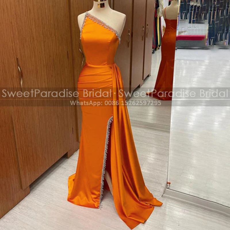 

Classy Tassel Mermaid Bridesmaid Dresses One Shoulder Side Split Streamer Long Orange Party Dress Wedding Guest For Women