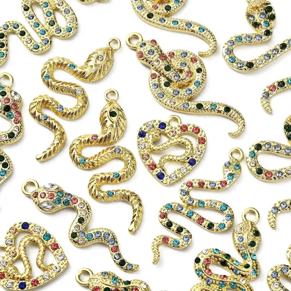 16 Pcs 8 Styles Stylish Rainbow Rhinestone Cobra Snake Charms LightGold Animal Charm for Necklace Bracelet Jewelry Making