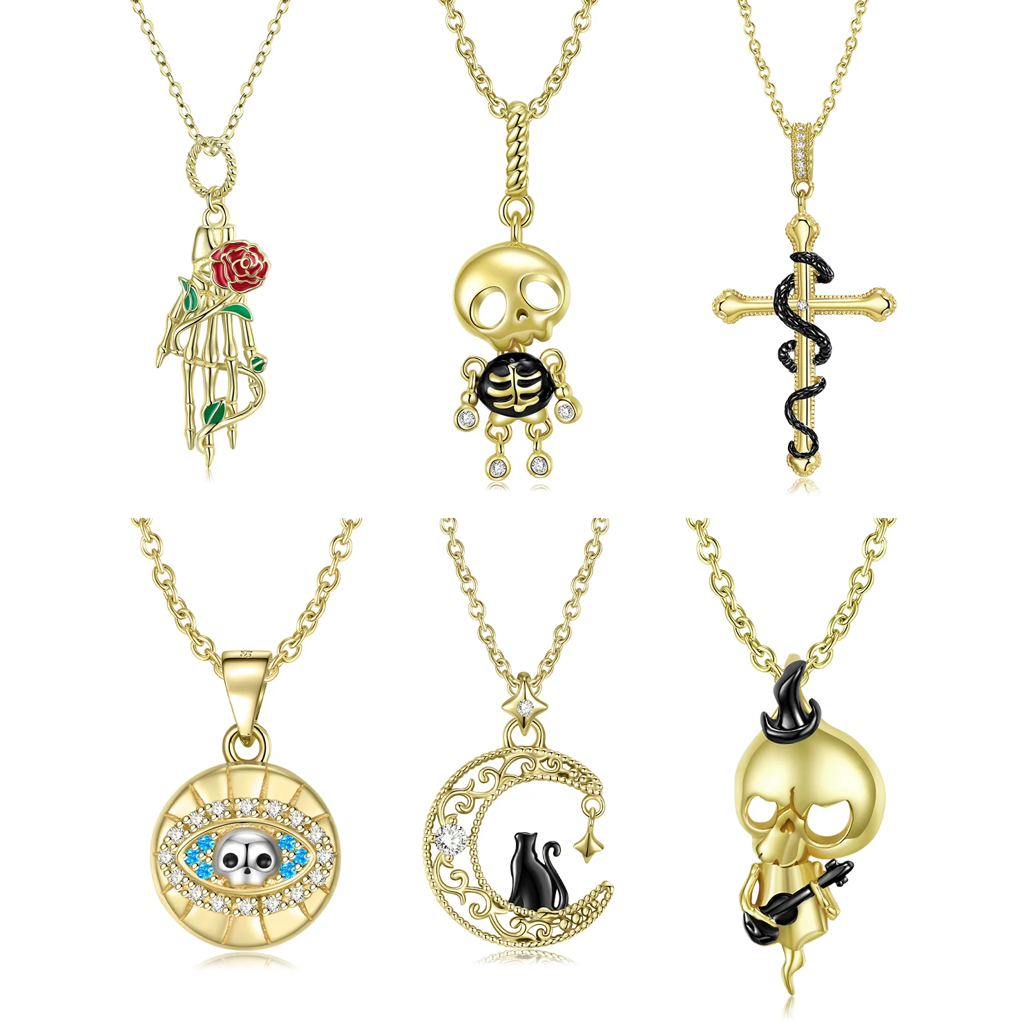 925 Sterling Silver Golden Skull Evil Eye Rose Hand Necklace for Girl Women Statement Jewelry JIUHAO